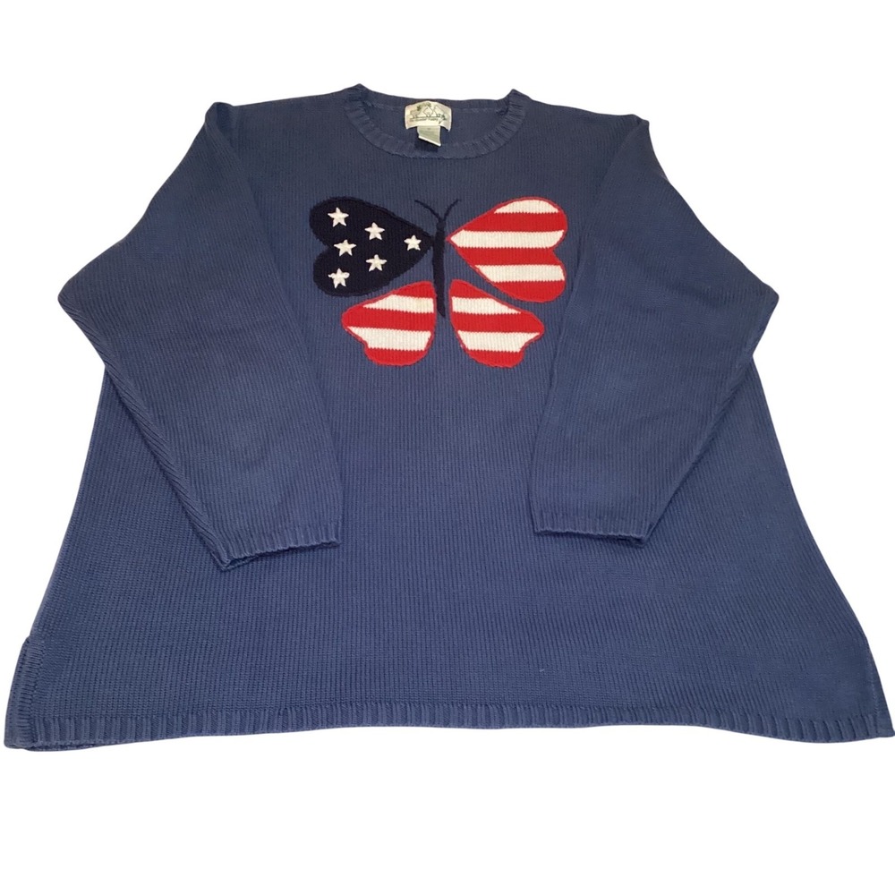 Quacker Factory Womens 1X Blue Butterfly Americana Stars Stripes Knit Sweater